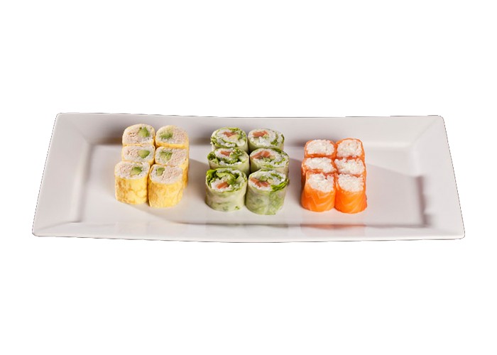 6 Pinkroll cheese 
+ 6 Green roll saumon 
+ 6 Egg thon cuit mayo avocat 
+ Une salade de choux ou une soupe miso