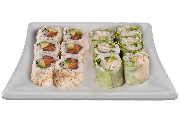 6 Green roll saumon<br>
+ 6 California saumon<br>
+ 2 Accompagnements au choix<br>