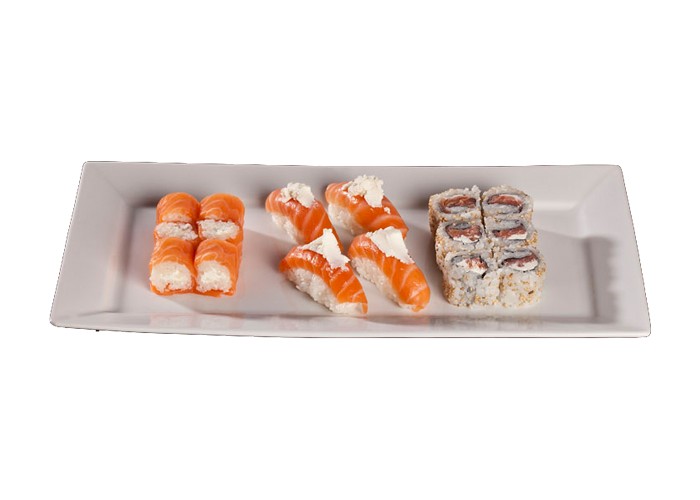 6 Pink roll cheese<br>
+ 4 Sushi saumon cheese<br>
+ 6 California saumon fum cheese<br>
+ Une soupe miso ou salade de choux.