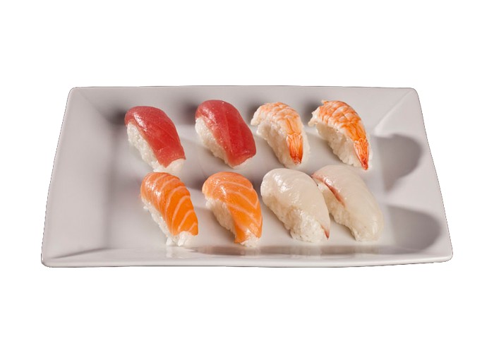 2 Sushi thon 
+ 2 Sushi saumon 
+ 2 Sushi crevettes 
+ 2 Sushi daurade 
+ Une salade de choux ou une soupe miso.