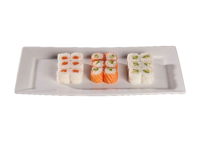 6 White roll saumon cheese<br>
+ 6 White roll avocat cheese<br>
+ 6 Pinkroll cheese<br>
+ Une  salade de choux ou une soupe miso