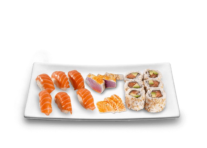 6 California saumon avocat<br>
6 Sushi saumon<br>
+ 2 Accompagnements au choix